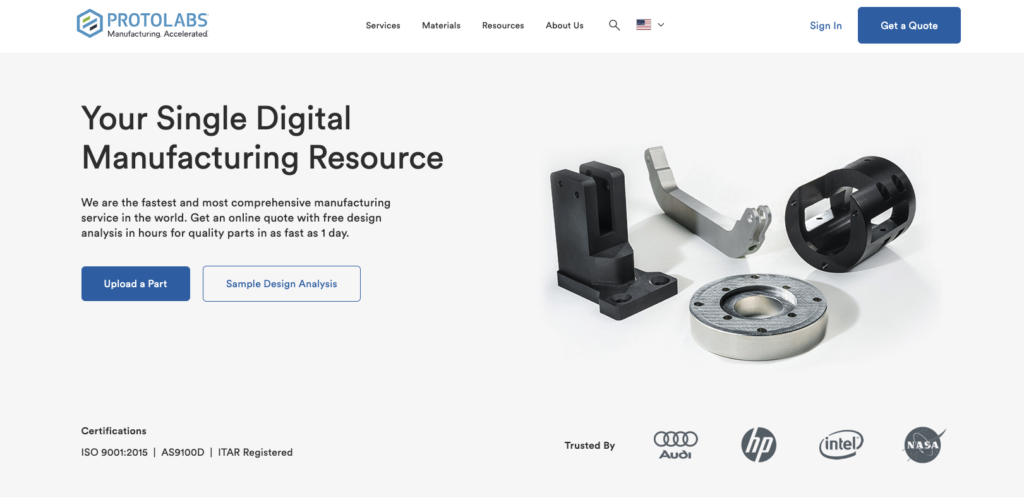 Website homepage for Protolabs, a competitor of Xometry, featuring manufacturing services with images of precision-engineered metal parts.